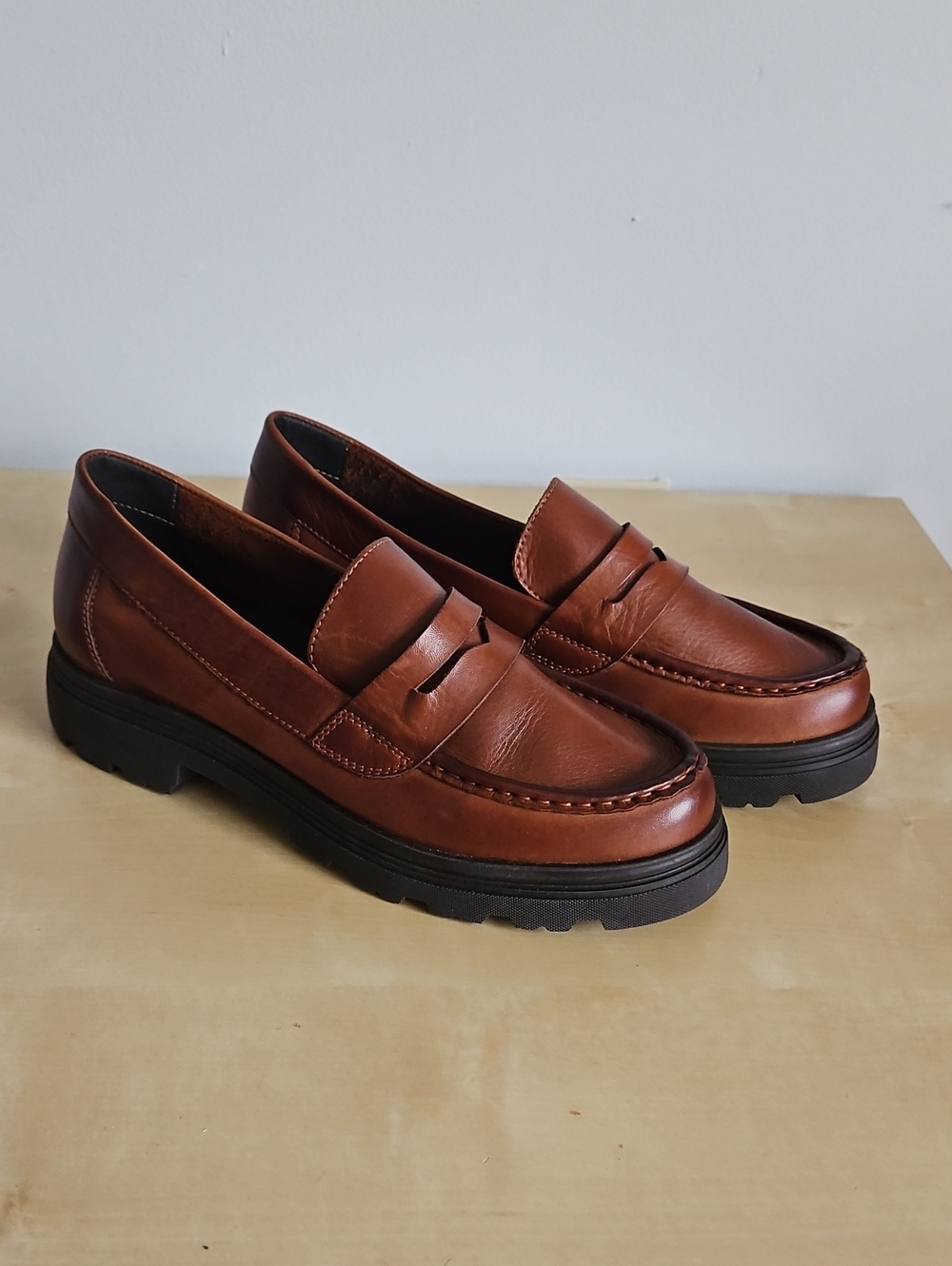 Aldo Womens Tan Leather Penny Loafers with Lug Sole